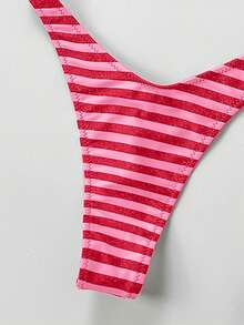 Women Vacation Stripe Printed Basic Swimwear For Summer Days From Poolside To Beachside, Everyday Mini Triangle Cheeky Bikini Beachwear - Red - View 5