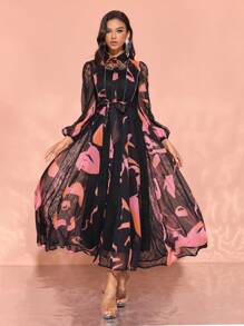 2pcs/Set Women Elegant Random Lace Print Dress, Formal, Party Dress, Gown, For Evening, Wedding Guest, For Valentine's Day - Black - View 1