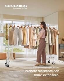 SONGMICS Burro Ropa con Ruedas, Perchero Burro Extensible con Carga Pesada, Capacidad de Carga de 110 kg, 45 x (160-200) x 162,9 cm, Fácil de Montar, Portátil, Negro Mate/Plata - Plateado - Ver 1