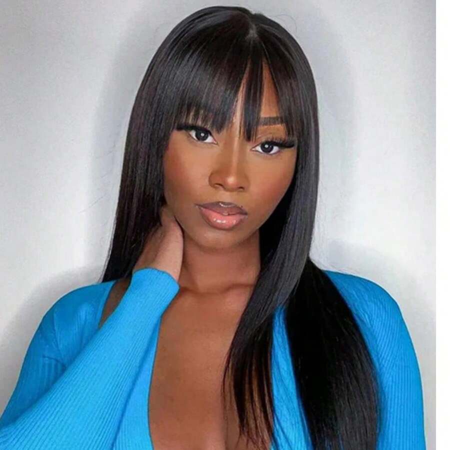 Natural Black Striaight Human Hair Wig With Bangs Human Hair 4x4 Closure Wig With Bangs Straight Glueless Long Wig With Bangs Lace Closure Wigs For Women Virgin Brazilian Human Hair Natural Black - Natural Black - 查看 1