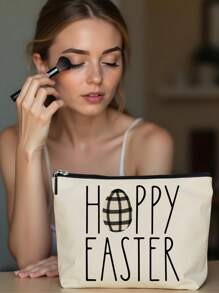 1 pieza Bolsa de cosméticos con estampado de lino de conejito de Pascua, hermosa bolsa de maquillaje de viaje y monedero multipropósito, regalo práctico y ligero para mujeres