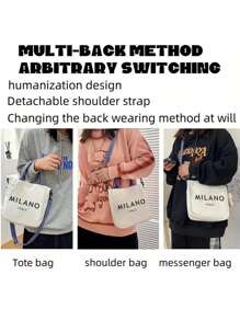 White Canvas Bag Ins Style Messenger Bag Printed With Letters "MILANO ITALY ﻿", Large-Capacity New Cute Shoulder Bag, Diagonal Shoulder Bag, Cute Bow Leopard Design Highland Cow Pattern, Large-Capacity Tote Bag, Portable, Adjustable Blue Shoulder Strap,With Artistic Letters And Pattern Printing Design, And Convenient Shopping Bag For Daily Use. Teacher'S Thank-You Gift, Mother'S Day Gift, Suitable For Travel,Beach, School, Work & Daily Use