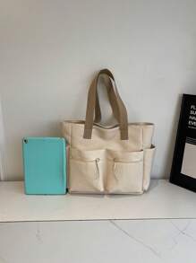 Nueva bolsa de mano de gran capacidad para ir a la escuela, versátil bolso de hombro tipo tote para estudiantes universitarios - Beis - Ver 6