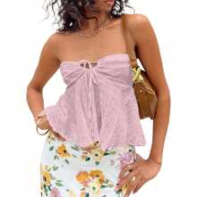 Women Wrap Chest Tube Tops Solid Color Boat Neck Tie Up Strapless Tank Tops Summer Backless Bandeau Top - Pink - View 1