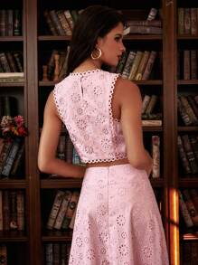 Top corto senza maniche con motivo floreale e design traforato, elegante camicetta stile canotta, gonna non inclusa - Rosa - Visualizzare 9