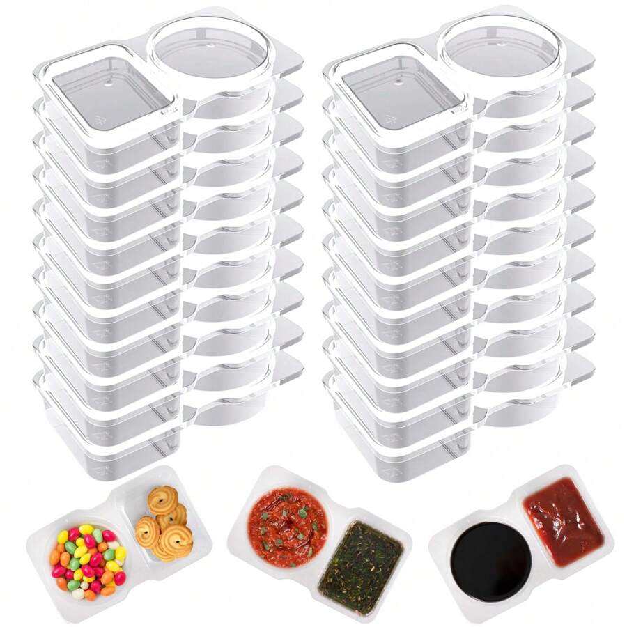 20 piezas Contenedor de condimento de doble compartimento, contenedores de aperitivos reutilizables, contenedores de condimentos con tapas, contenedores para salsas, aperitivos, comida para llevar, viajes y campamentos al aire libre - Multicolor - Ver 1