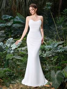 Elegant Polyester Chiffon Bridal Gown With Fish-Tail Silhouette | Guest Dress For Wedding Showers, Garden Parties, And Everyday Formal Wear - White - View 6