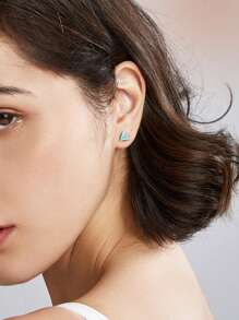 1 Pair Turquoise Triangle Stud Earrings, S925 Sterling Silver Platinum Plated Fashion Luxury Ear Studs, Unisex - Silver - View 7