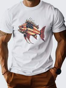 A Patriotic Fish Designed Pure Cotton Men'S T-Shirt With Comfortable Fit And Exquisite Pattern Printing, Round Neck High Street Pure Cotton Short Sleeved T-Shirt,  Pattern T-Shirt, High-End Pure Cotton T-Shirt