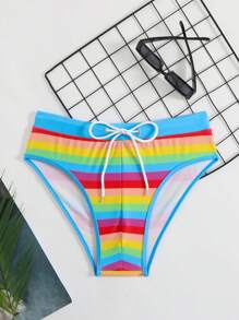Men's Beach Vacation Casual Rainbow Stripe Drawstring Triangle Swim Trunks - Multicolor - View 1
