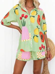 Conjunto de camisa holgada y pantalones cortos con cintura elástica con estampado de frutas exclusivo de Summer Days - Multicolor - Ver 3