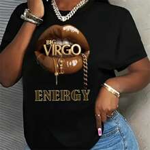 ENERGY BIG VIRGO Print T-Shirt, Short Sleeve Crew Neck Casual Top For All Season Women's Clothing. - Black - View 2