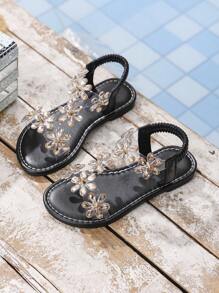 1 Pair Infant/Toddler Girls Rhinestone Sunflower Jelly Sandals, Transparent Strap, Flat, Round Toe, Elastic, Non-Slip, Fashionable, Cute, Comfortable, Casual, Suitable For 3-15 Years Old Boys And Girls, School, Gathering, Wedding, Indoor, Outdoor, Beach, Spring/Summer