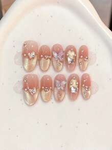 10pcs Handmade Nail Art Decor Set, Almond Shaped Nail Tips With Pink Bowknot Ribbon And 3D Crystal Rhinestones, Suitable For Manicure, Student, Pregnant Women, Daily Wear And Party, With Jelly Gel Press On Nails