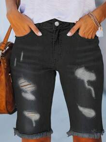 Quần short denim rách lưng vừa màu trơn mùa hè dành cho nữ - màu đen - Xem 4