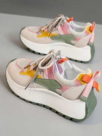 1 Pair Women Color Sneakers Round Toe Outdoor Lace-Up Waterproof Leather Platform Shoes, Spring Autumn