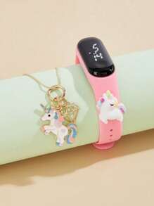 2pcs Children's Watch M3 Cute Rainbow Horse Watch+Rainbow Horse Rhinestone Necklace For Primary And Secondary School Students To Wear Versatile Casual Fashion Multi Functional Electronic Watch Combination Set