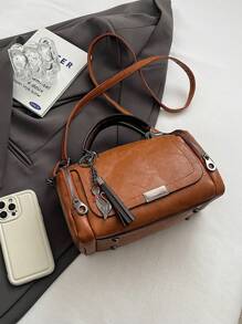 流苏装饰手提包，女士大容量单肩包，时尚拉链斜挎包，带可拆卸肩带 - 棕色 - 查看 5