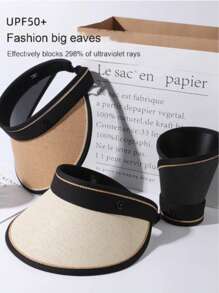 Sombrero de sol 2025 nuevo de plástico negro hueco con protección UV para el rostro, sombrero de paja trenzada para el verano