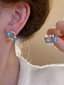 1 对女士海星贝壳仿珍珠耳环，设计精美，适合夏季海滩度假女士耳环，适合女性在日常生活、海滩派对、度假等场合佩戴 - 彩色 - 查看 3