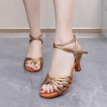 1 Pair Latin Dance Shoes For Adult Women, Soft Sole, Mid Heel, Satin Material, Professional Dance Studio/Dancer's Practice Shoes