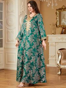 Arabic Style Jacquard Embroidered V-Neck Casual Elegant Party Muslim Long Dress, Modest Kaftan - Green - View 6