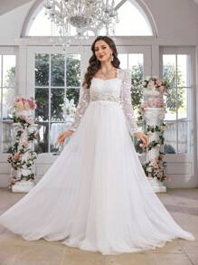 UNITHORSE Sweetheart Collar Long Sleeve Pearl Embroidery Lace Mesh White Wedding Dress Gown,Bride, All White Party Outfit Women - White - View 4