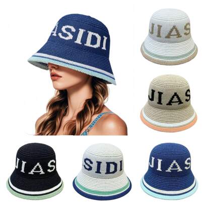 1pc New Striped Hollow Letter Jacquard Fisherman Hat, Women's Fashion Casual Korean Style Decorative Foldable Sun Hat, Travel Beach Panama Hat