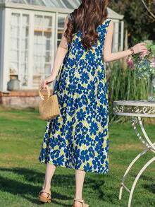 夏季新款女士休闲印花优雅中长连衣裙 - 藍色 - 查看 3