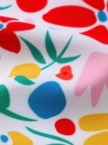 2pcs Set Elegant & Cute Baby Girls Floral Colorblock Ruffle Zipper Front Long Sleeve Romper & Bowknot Decor Hat, Suitable For Leisure, Swimming Pool, Beach, Vacation, Party - Multicolor - View 6