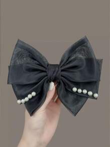 1 件女士高端缎面蝴蝶结珍珠发夹，时尚发髻夹发饰 - 彩色 - 查看 2