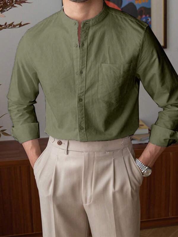 Men's Stand Collar Business Casual Shirt, Simple And Fashionable For Everyday Wear, Fall, Long Sleeve Top