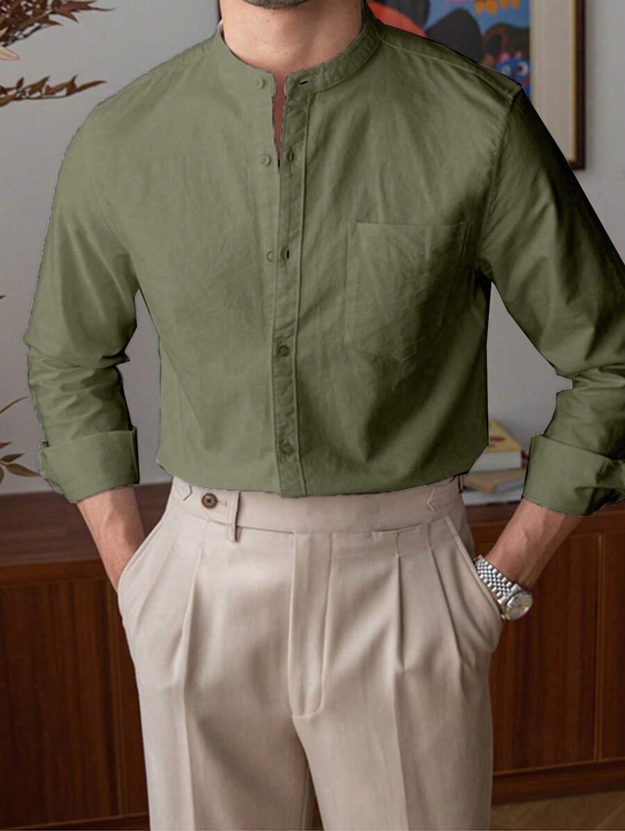 Áo sơ mi nam cổ đứng, đơn giản và thời trang cho trang phục hàng ngày, mùa thu, áo dài tay - xanh quân đội - Xem 1