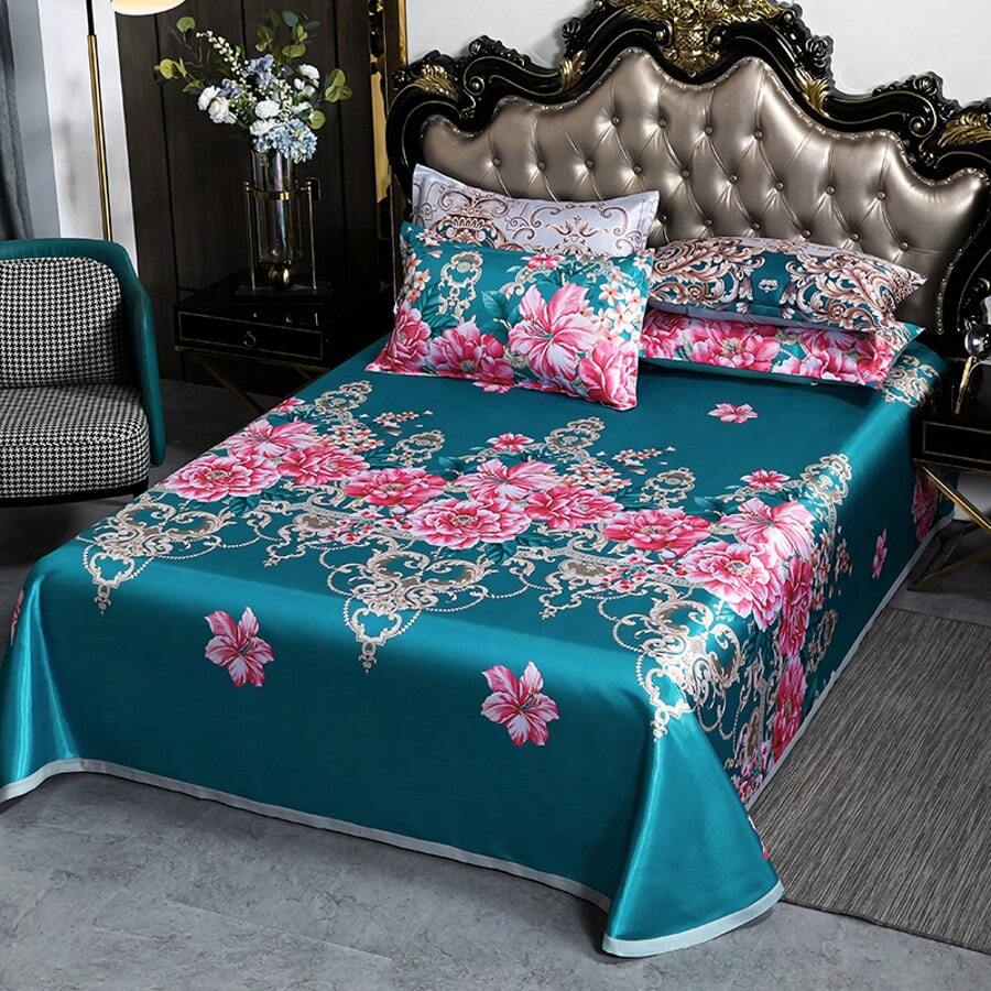 3件套冰丝印花床上用品套件（1张床单+2个枕套），春夏季凉爽冰丝床单