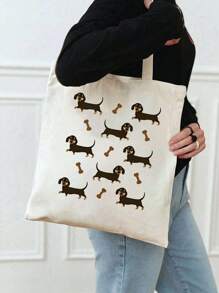Dachshund Pattern Cute Silly Dog Print Tote Bag, Casual Large Capacity Shoulder Bag, Daily Shopping Bag, Multi-Functional Storage Bag, Lightweight Travel Handbag, Gift Idea, Travel Souvenir, Essential Travel Tote Bag, Suitable For Commuting, Back To School, Travel, Picnic, Camping, Outdoor Adventure And More - Beige - View 3