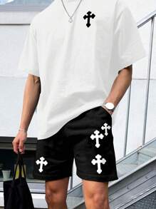 Men's White Round Neck Short Sleeve T-Shirt & Black Sports Shorts Set, Fashionable Cross Print, Casual Daily/Commuting/Sports Wear