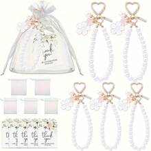 36/21/15件套图案合金珍珠钥匙扣，双花合金钥匙扣吊坠，可爱小白花珍珠饰品，耳机套，包包挂饰（5个珍珠花钥匙扣、5张感谢卡和5个欧根纱袋） - 15件(5套) - 查看 3