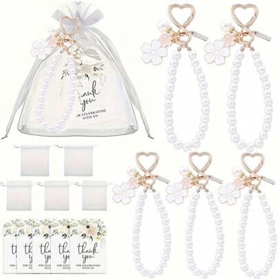 36/21/15件套图案合金珍珠钥匙扣，双花合金钥匙扣吊坠，可爱小白花珍珠饰品，耳机套，包包挂饰（5个珍珠花钥匙扣、5张感谢卡和5个欧根纱袋）