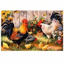 4 件套鸡场印花亚麻餐垫 - 100% 编织亚麻矩形桌垫，适用于餐厅、厨房 - 可洗、防滑、耐热餐垫，适用于咖啡桌、餐桌装饰