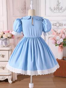 Young Girl Elegant Princess Style White Dress, Decorated With Bow, Puff Sleeve Design, Suitable For Birthday Party, Holiday Events, Photo Shoot, Fits Young Girl Aged 4-7, Spring/Summer - Blue - View 2