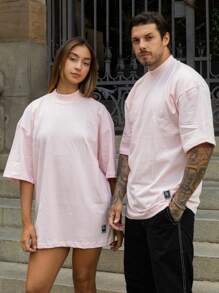 Oversized Plain Turtleneck Basic Streetwear T-Shirt For Men Unisex - Màu Hồng baby - Xem 3