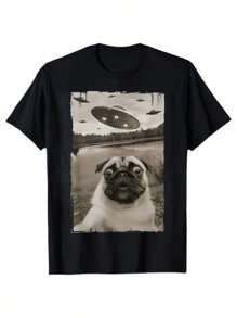 Camiseta De Cuello Redondo Para Hombre Divertida Con Estampado Vintage De Pug Alienígena Tomando Selfie Con OVNI, 220g - Negro - Ver 1