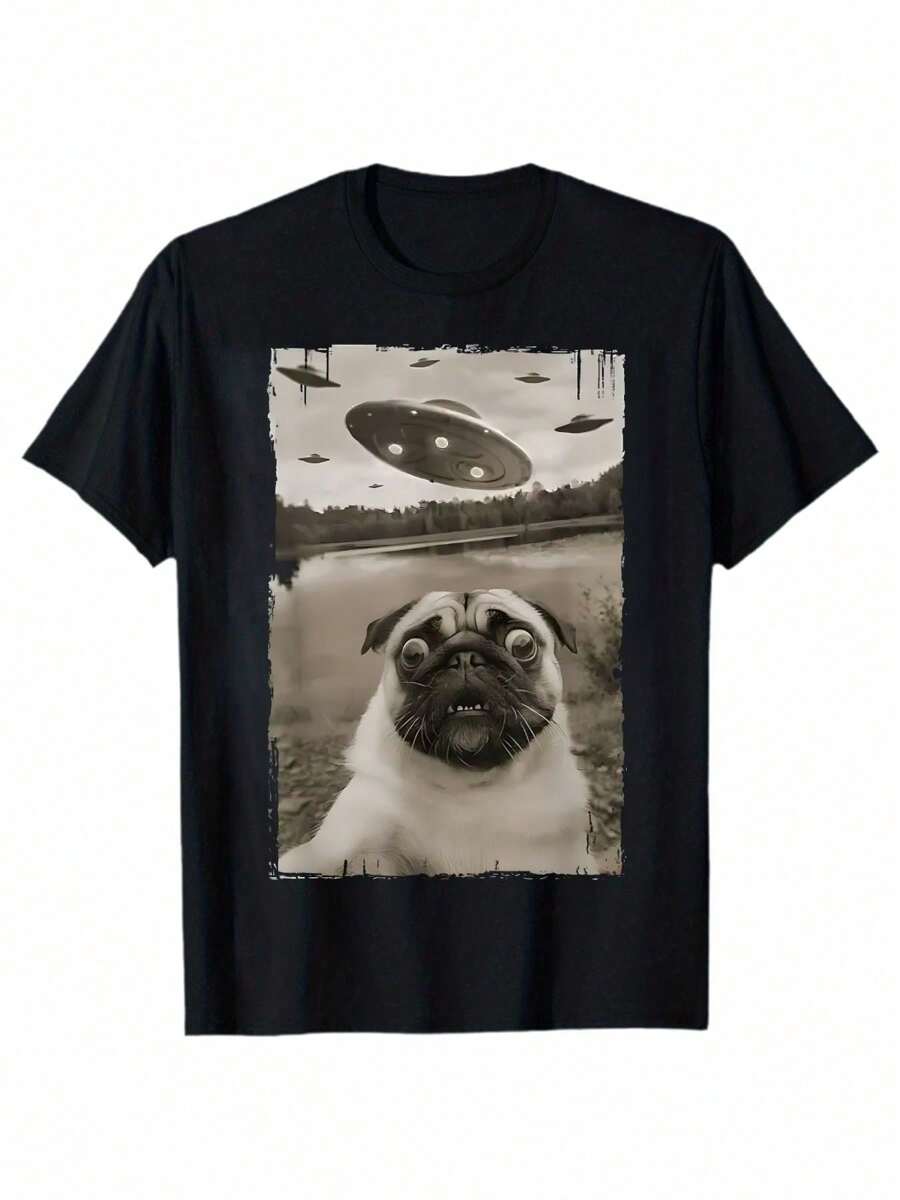 Camiseta De Cuello Redondo Para Hombre Divertida Con Estampado Vintage De Pug Alienígena Tomando Selfie Con OVNI, 220g - Negro - Ver 1
