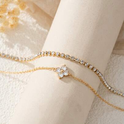 2pcs Cubic Zirconia Flower Beaded Bracelet With Crystal Chain Double Layer Bracelet Set, Suitable For Women Daily, Date, Party, Social Occasion