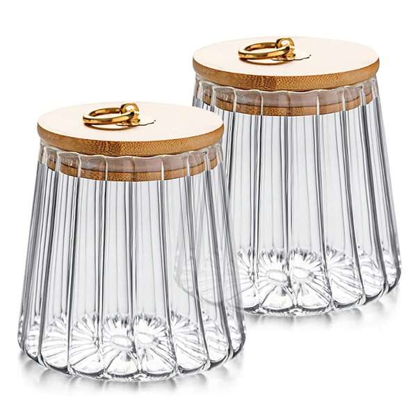 2PCS Glass Coffee Nuts Canister Airtight Storage Jar Petal Decorative Container With Bamboo Lid Metal Handle For Kitchen, Pantry, Or Dry Food Storage .Easy To Grasp 700ml, 23 FL OZ