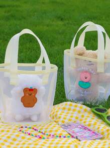 1pc Minimalist Fashion Korean Style Cartoon Transparent Net Tote Bag, Cute Small Bear Portable Handbag For Girls, Beach Bag, Mini Size - Apricot - View 11