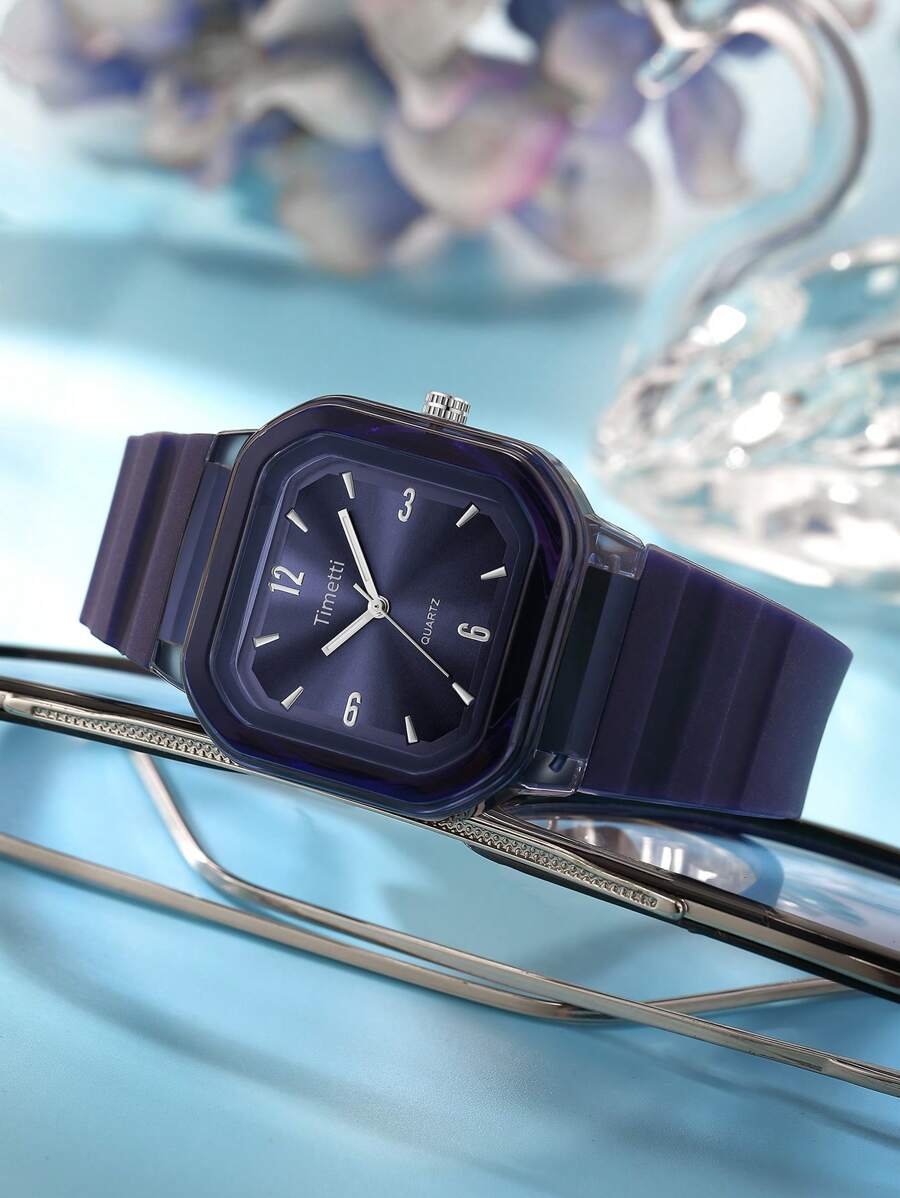 1pc Casual Women's Simple Square Silicone Strap Quartz Analog Wrist Watch, Suitable For Daily Wear - Navy Blue - View 1