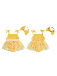 Newborn Girl Outfit, Sleeveless Flower Print Tulle Patchwork Romper Dress With Bowknot Hairband Summer Clothes - 黃色 - 查看 2