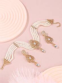 1 Set Handmade Palace Style Metal Hollow-Carved Rhinestone Inlaid Beaded Necklace With Matching Metal Earrings Jewelry Set, Suitable For Women Wedding, Party, Festival, Gift - Jewelry Sets - View 17