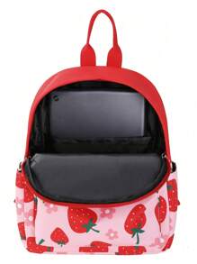 Girls Cute Strawberry Printing Backpack, Daily Mini Sweet Daypack For Teenagers And Students, Patchwork Design Women Double Shoulder Bag, School Backpack - Pink - View 7